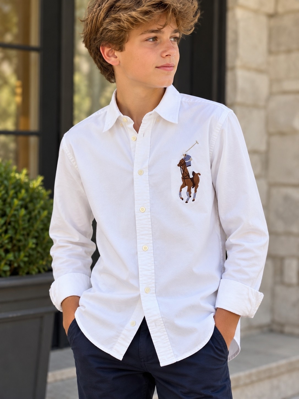 Ralph Lauren Boys L 14-16 White Oxford Shirt Big Pony Embroidered Button Down